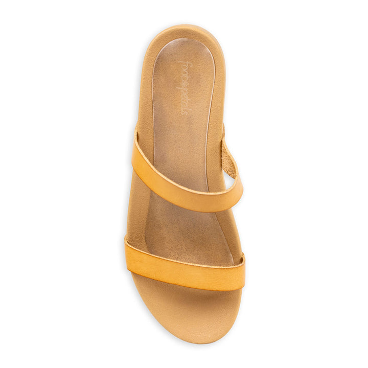 Top view of 3/4 gel cushions in tan sandal to help keep feet from sliding forward, cushions foot