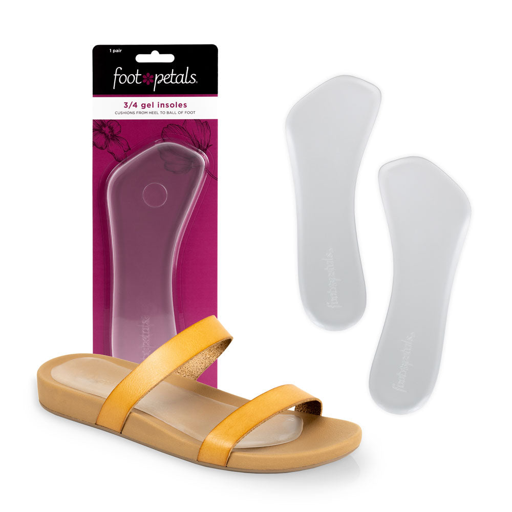 Foot Petals gel 3/4 shoe inserts in pink packaging for heels and flats, gel 3/4 insert cushion in tan sandal