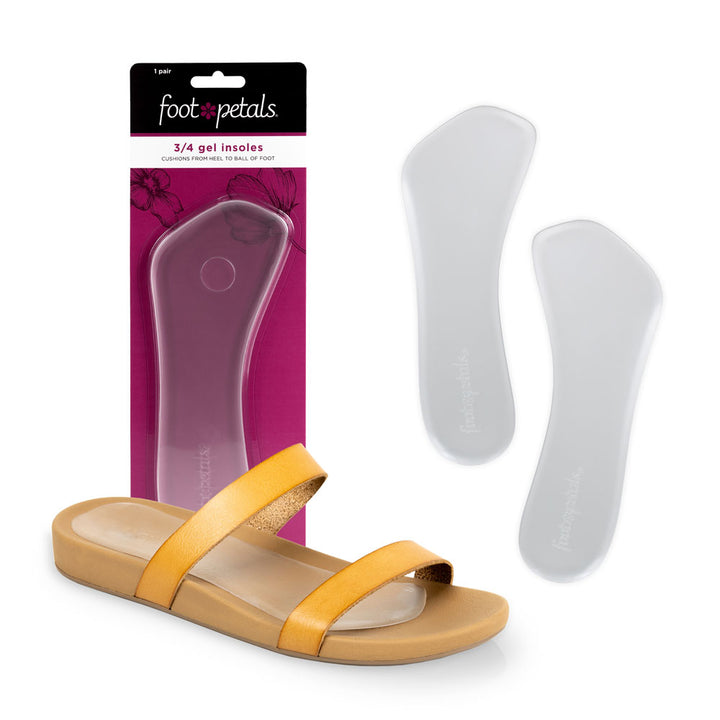 Foot Petals gel 3/4 shoe inserts in pink packaging for heels and flats, gel 3/4 insert cushion in tan sandal