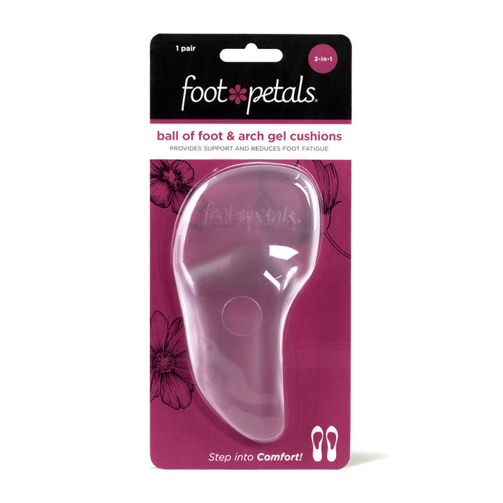 Foot Petals 2-in-1 ball of foot and arch gel cushions, provides support and reduces foot fatigue, pink packaging