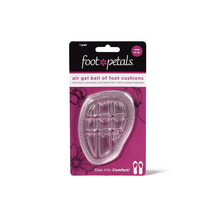 Foot Petals Air Gel Ball of Foot Cushions packaging, 1 pair, walk on air, provides cushioning and keeps feet from sliding forward, clear gel cushion for ball of foot