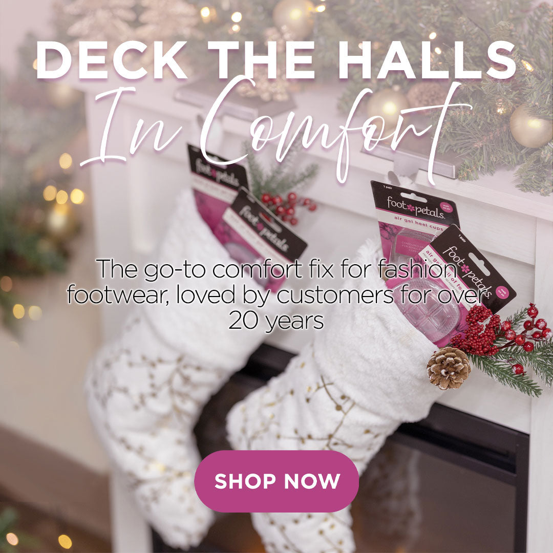 Stocking with foot petal products on a fireplace mantle decorated for the holidays. Deck the Halls in Comfort: the go-to comfort fix for fashion footwear, loved by customers for over 20 years