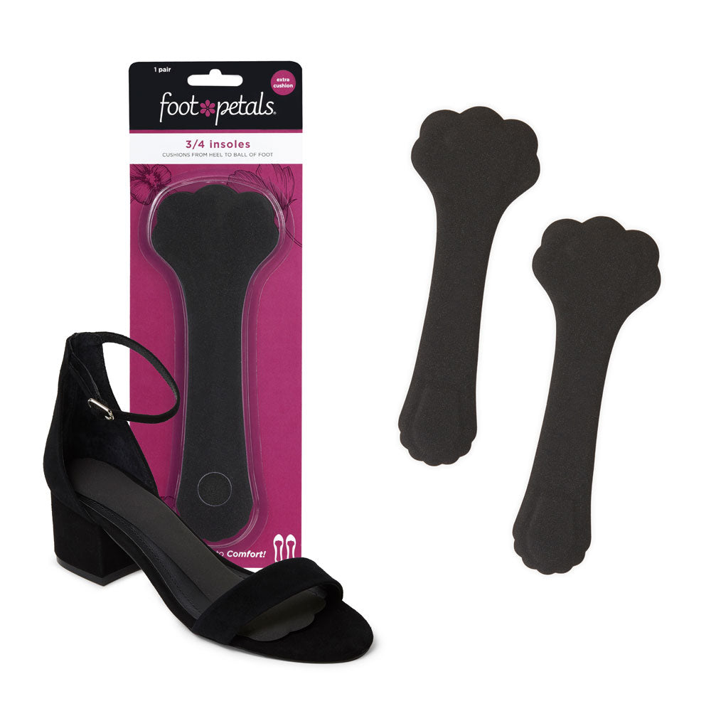 Foot petals black 3/4 cushions with extra cushion packaging, 3/4 insoles cushion from heel to ball of foot and prevent feet from slipping forward, 3/4 insert cushion in black open-toed high heel shoe #color_black