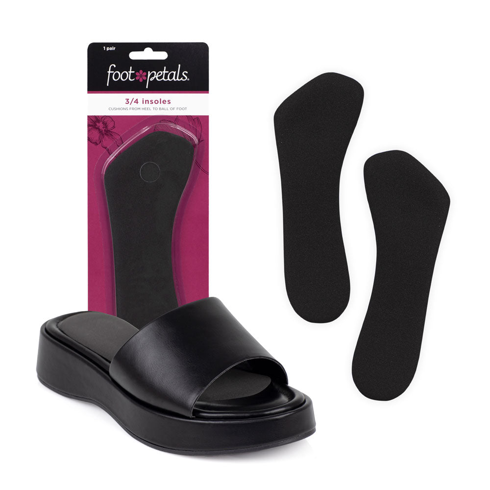 foot petals black 3/4 insert shoe cushion in packaging, 3/4 insert shoe cushion in black sandal #color_black