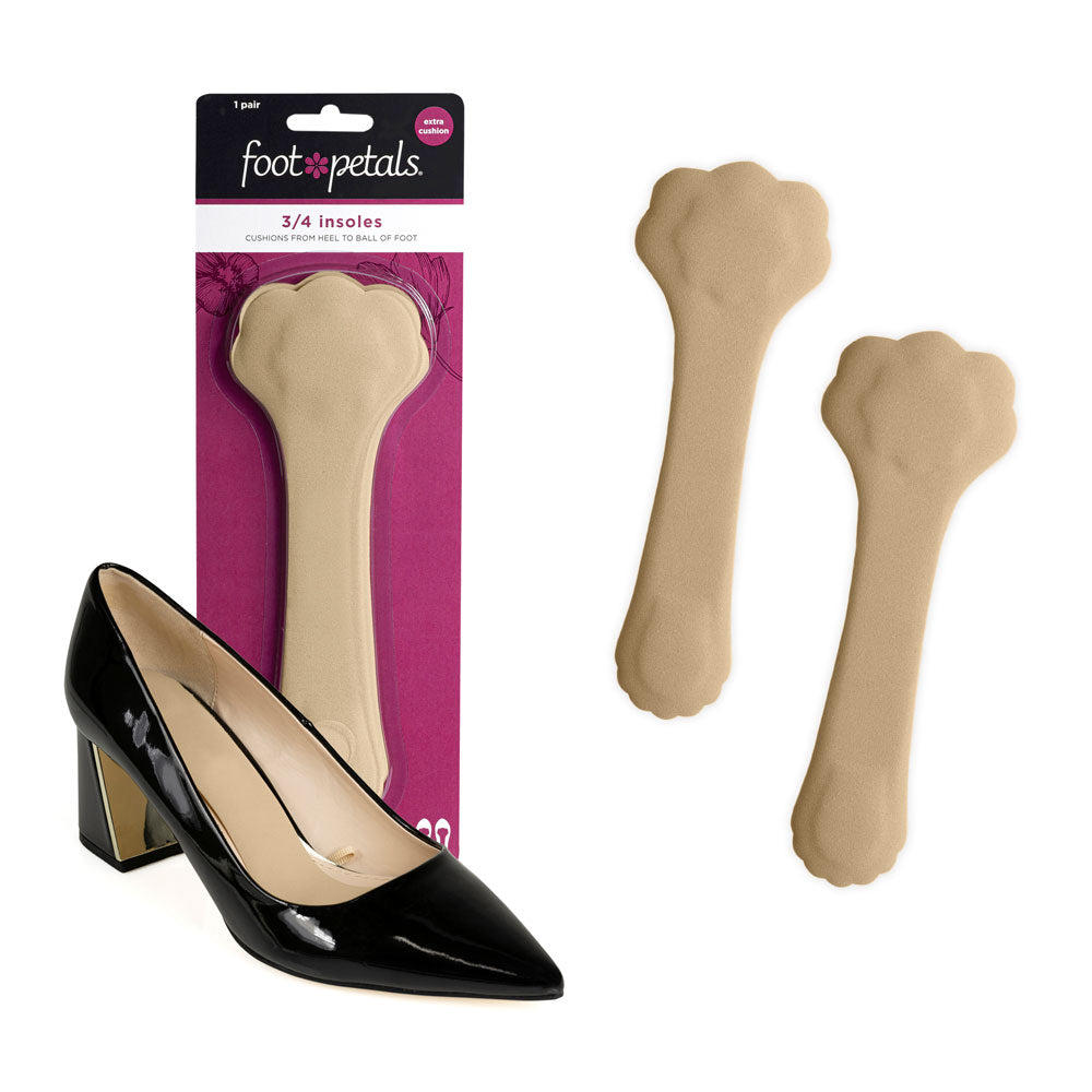 Foot petals khaki 3/4 cushions with extra cushion packaging, 3/4 insoles cushion from heel to ball of foot and prevent feet from slipping forward, 3/4 insert cushion in black high heel shoe #color_khaki