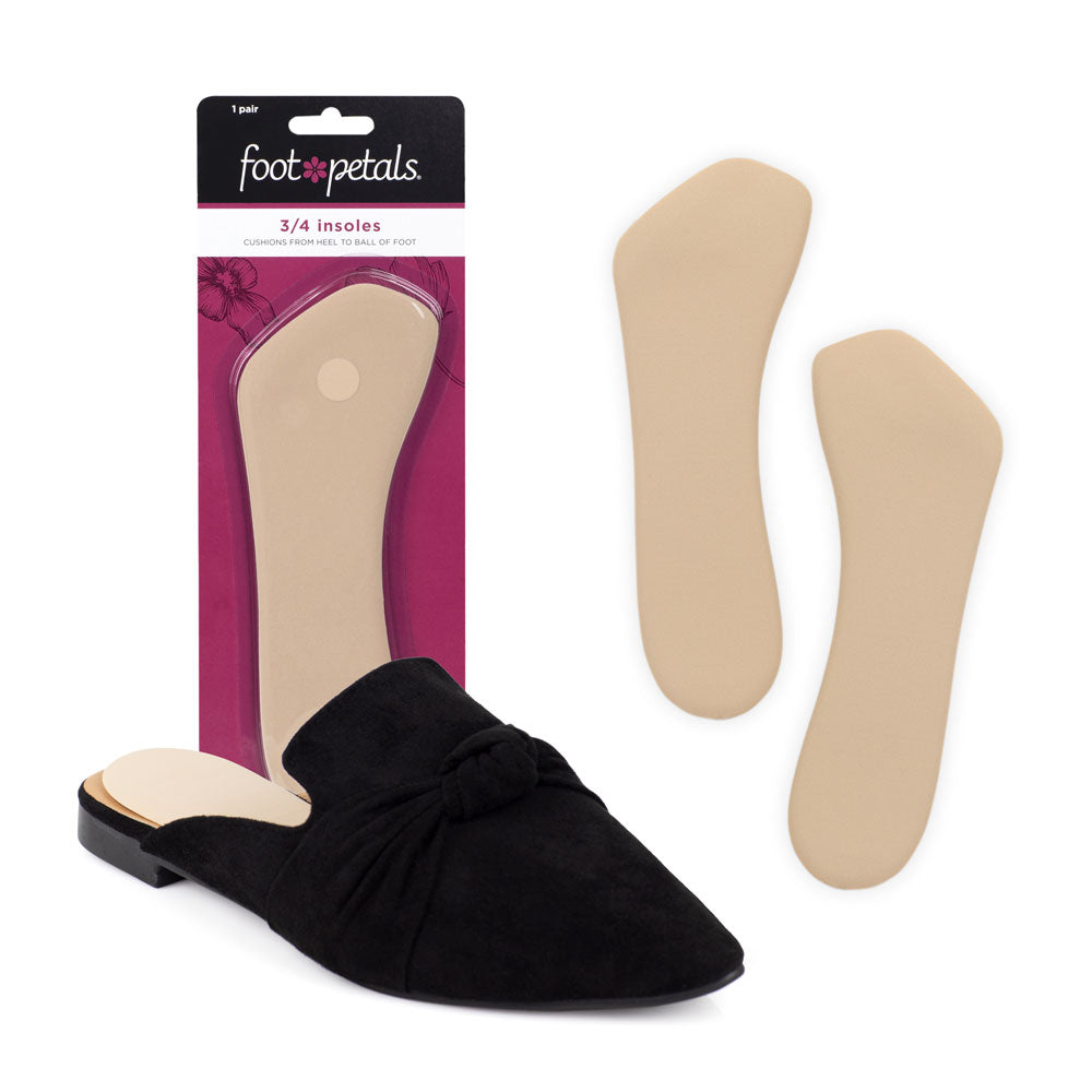 foot petals khaki 3/4 insert shoe cushion in packaging, 3/4 insert shoe cushion in black open-back flat shoe #color_khaki