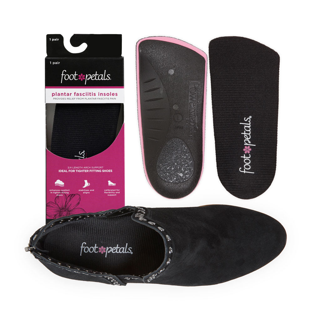 Foot Petals Plantar Fasciitis Insoles in pink packaging, arch support for tighter fitting shoes, 3/4 plantar fasciitis insole in black suede boot