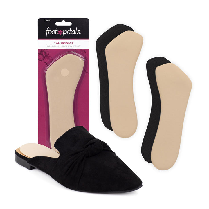 foot petals 3/4 insert cushions for discreet wear in shoes, 3/4 insert shoe cushion in black open-back flat shoe #color_assorted-2-pairs