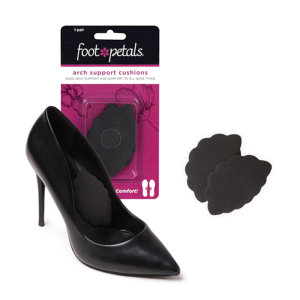Foot Petals Black Arch Support Cushions packaging, adds arch support and comfort to all shoe types, Arch Support Cushions in black high heel shoe #color_black