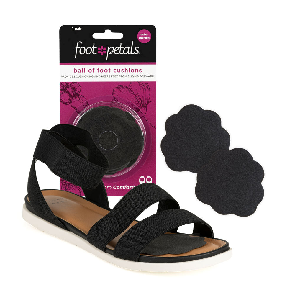 Foot Petals Ball of Foot cushions with extra cushioning packaging, Ball of Foot cushions with extra cushioning in black open toe sandal #color_black