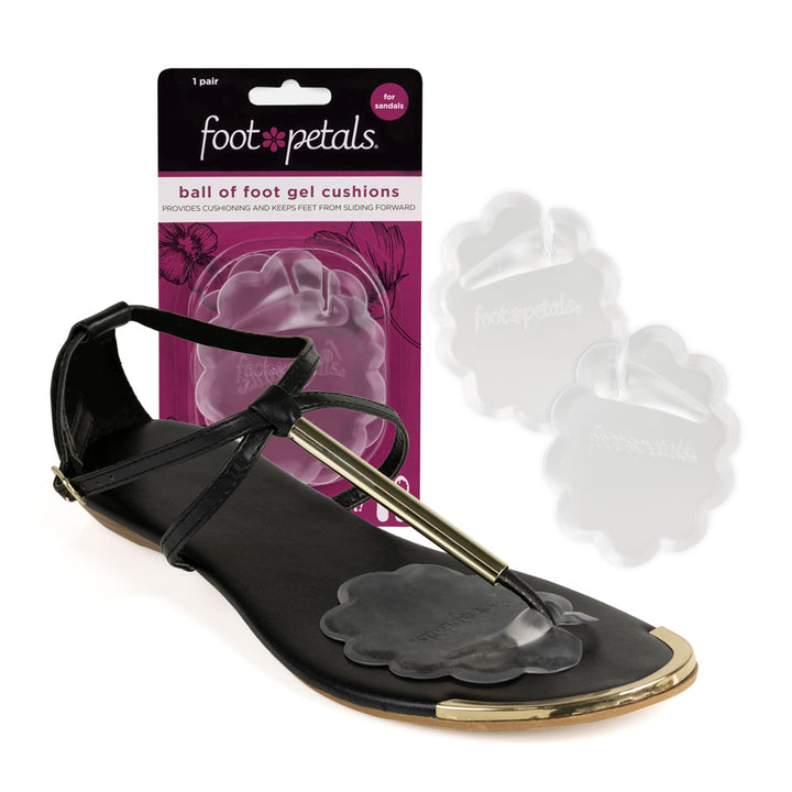 Foot Petals Ball of Foot Gel Cushions for Sandals in pink packaging, provides cushioning and keeps feet from sliding forward, sandal ball of foot gel cushion in black dress sandal, discreet wear in shoes #color_clear