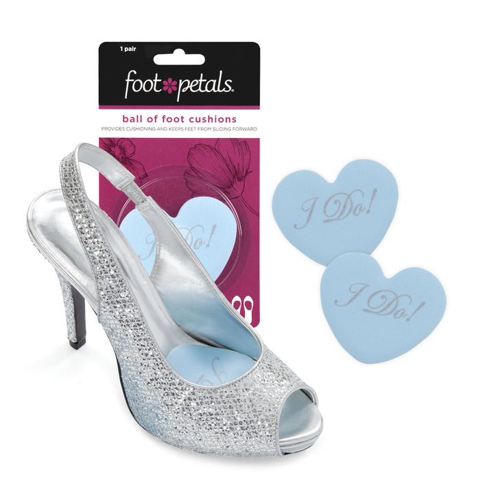 foot petals ball of foot cushions provide cushioning and keep feet from sliding forward, blue heart ball of foot cushion in silver open-toed high heel shoe #color_light-blue