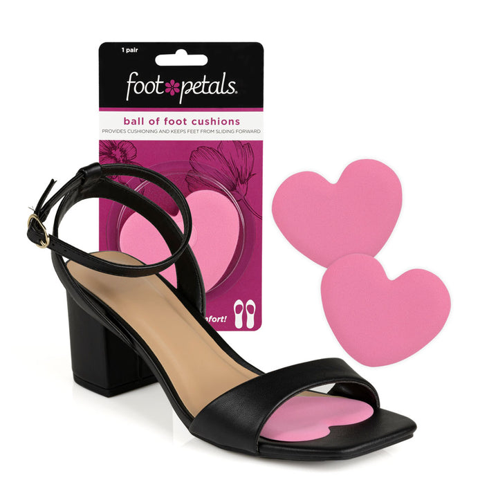 Foot Petals Heart Shaped Ball of Foot Cushions Packaging, provides cushioning and keeps feet from sliding forward, pink heart ball of foot cushion in black open-toe high heel shoe #color_pink