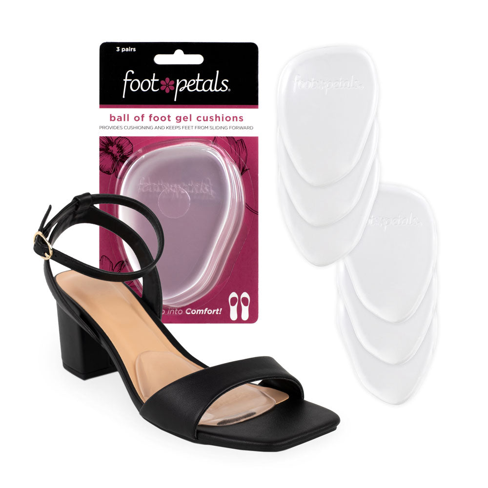 3 pairs gel ball of foot cushions in pink packaging, provides cushioning and keeps feet from sliding forward, clear gel ball of foot cushion in black high heel open toe shoe #options_clear-3-pairs
