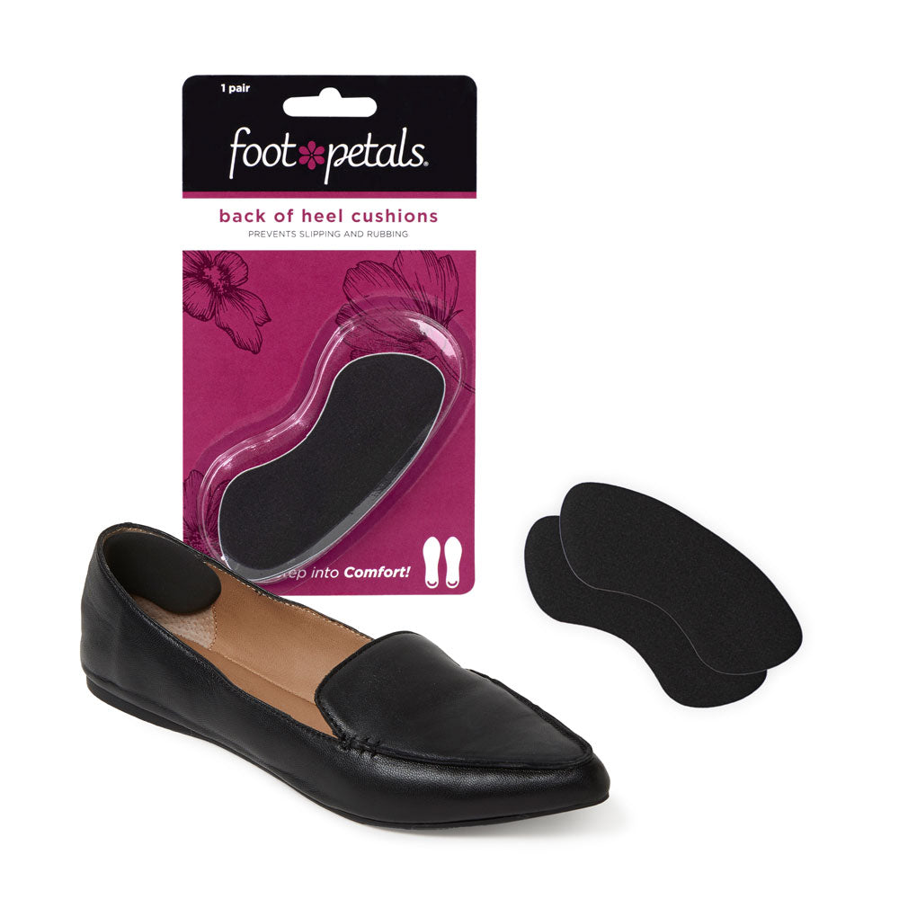 Foot Petals black back of heel cushions packaging, 1 pair, prevents slipping and rubbing, back of heel cushion in black flat shoe #color_black