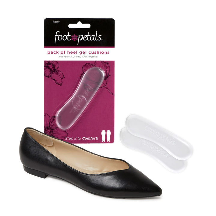 Foot Petals back of heel gel cushions in pink packaging, clear gel back of heel cushion in black dress shoe #options_clear