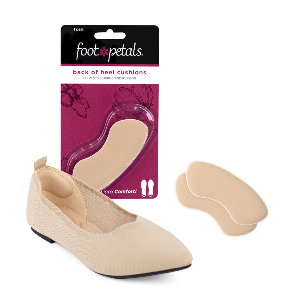 Foot Petals khaki back of heel cushions packaging, 1 pair, prevents slipping and rubbing, back of heel cushion in khaki flat shoe #color_khaki