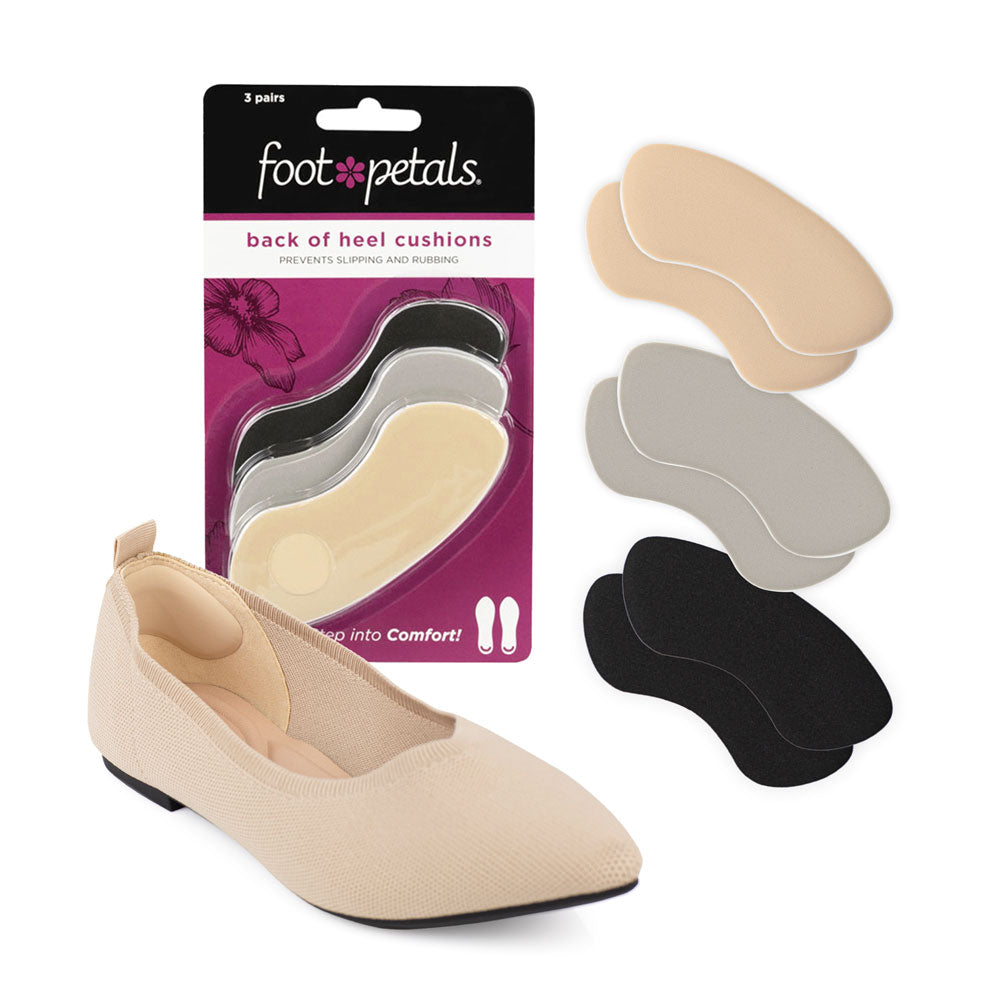 assorted back of heel cushions packaging, 3 pairs, black, gray, khaki, prevents slipping and rubbing, back of heel cushion in black flat shoe #color_assorted-3-pairs