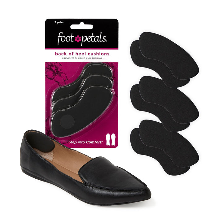 assorted back of heel cushions packaging, 3 pairs, black, prevents slipping and rubbing, back of heel cushion in black flat shoe #color_black-3-pairs