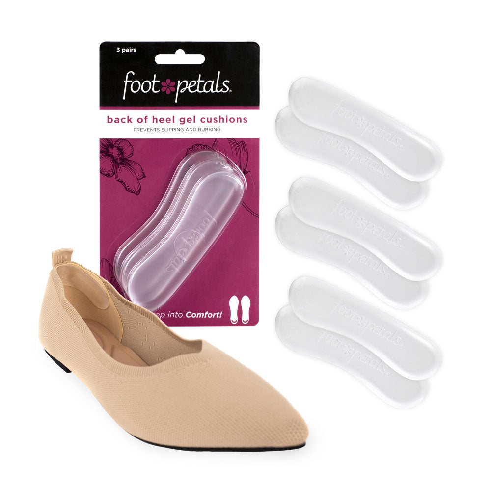 back of heel gel cushions prevent slipping and rubbing, in pink packaging, clear gel back of heel cushion in khaki flat shoe #options_clear-3-pairs