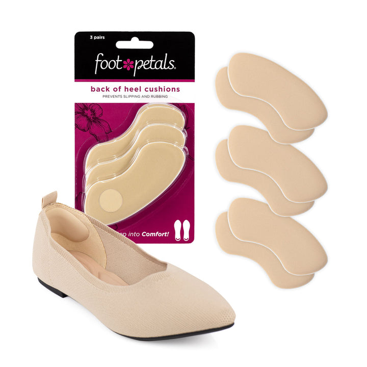 Foot Petals khaki back of heel cushions packaging, 3 pairs, prevents slipping and rubbing, back of heel cushion in khaki flat shoe #color_khaki-3-pairs