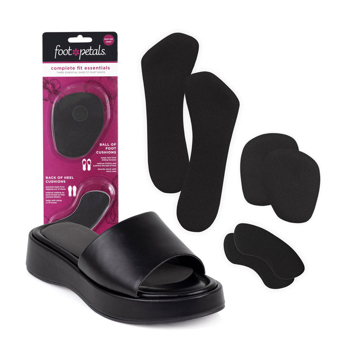 complete fit essentials kit includes 1 pair ball of foot, 3/4 insert, and back of heel cushions, black, pink packaging, 3/4 insert in black open toe sandal #color_black
