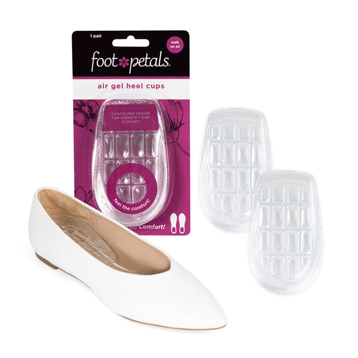 Foot Petals Air Gel Heel Cup Cushions packaging, 1 pair, walk on air, provides cushioning and prevents cracked heels, clear gel cushion for stabilizing the heel, heel cushion in white flat dress shoe