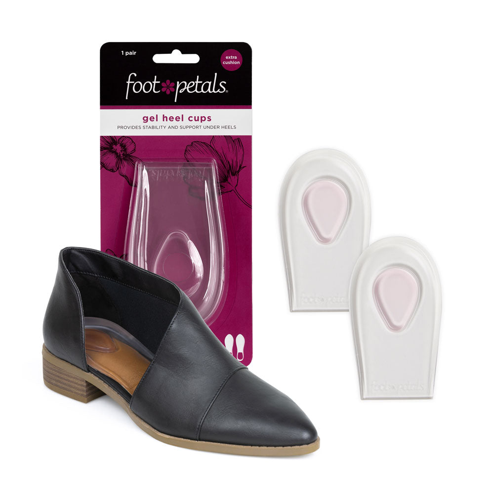 Gel heel cushions in pink packaging, provides stability and support under heels, clear gel heel cushion in black dress shoe