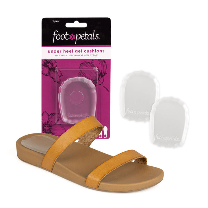 Foot Petals Gel Under Heel Cushions packaging, provides cushioning at heel strike, clear gel heel cushion in tan sandal