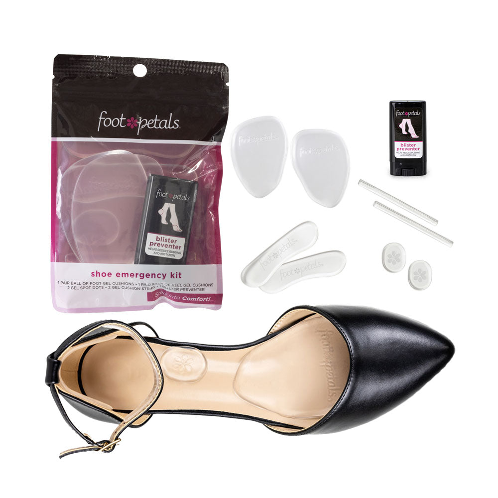 Shoe Emergency Kit includes gel cushions and blister prevent balm, black high heel with cushions inside