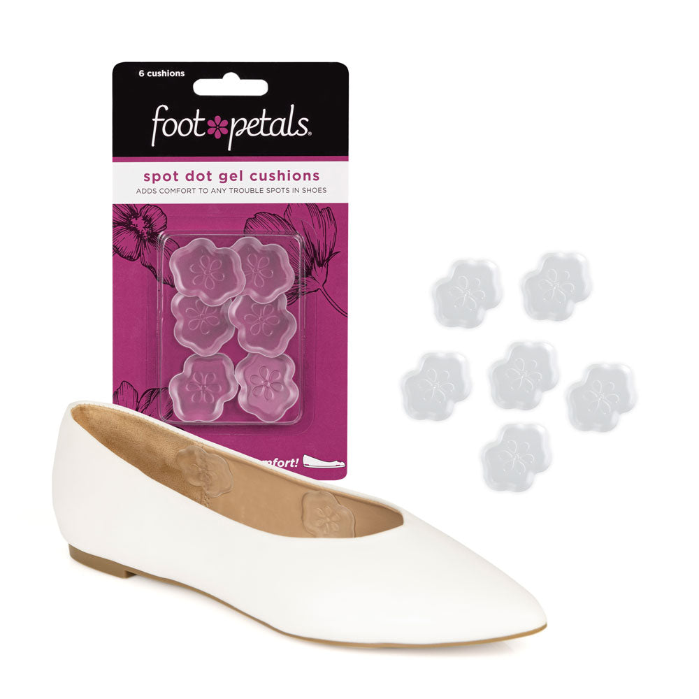 Spot dot gel cushions in pink packaging, adds comfort to any trouble spots in shoes, clear gel spot cushions in white flat shoe