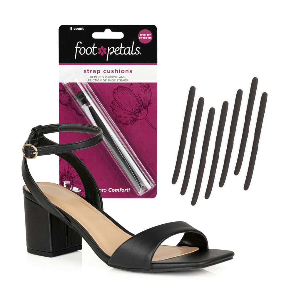 Foot Petals black strap cushions packaging, 8 count, reduces rubbing and friction of shoe straps, black strap cushions in black high heel shoe #color_black