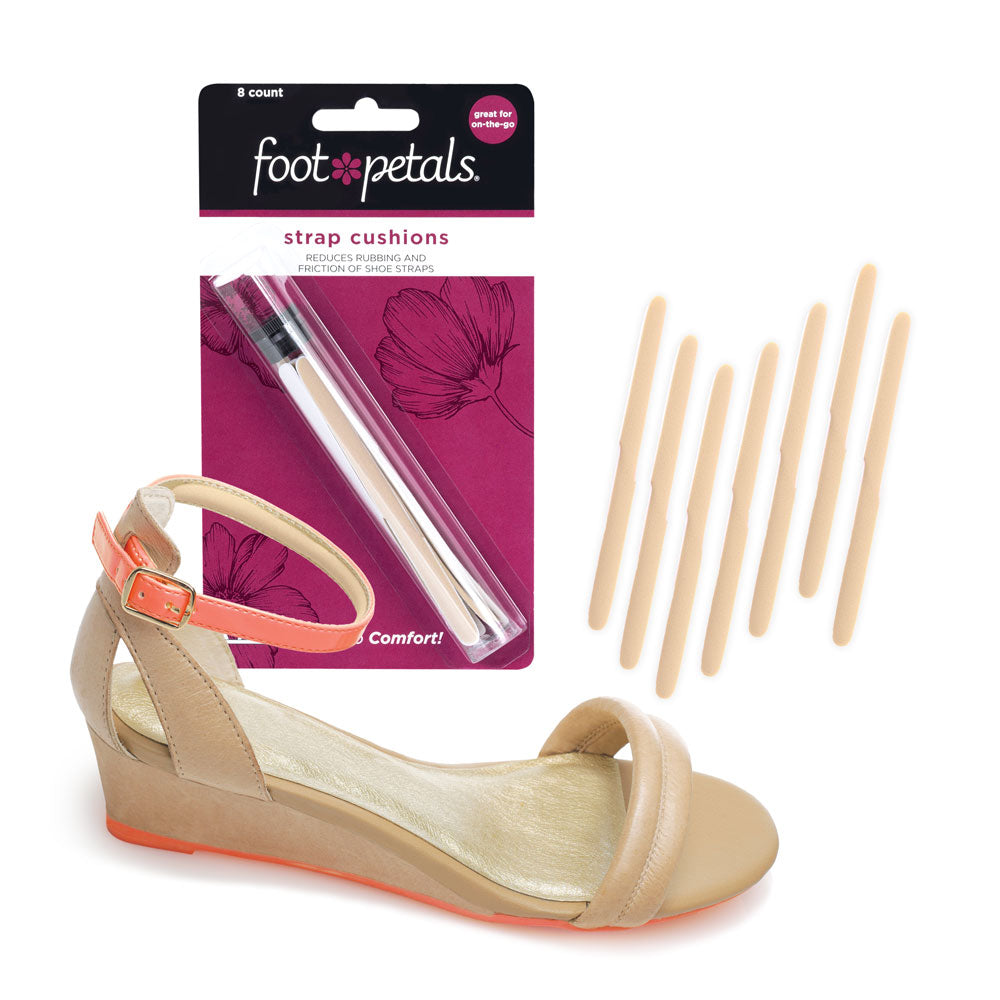 Foot Petals khaki strap cushions packaging, 8 count, reduces rubbing and friction of shoe straps, khaki strap cushions in khaki high heel sandal #color_khaki