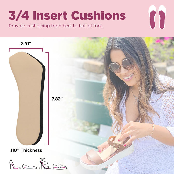 Foot Petals 3/4 insert cushions provide cushioning from heel to ball of foot. Image of product dimensions: 2.91" W, 7.82" L, .110" thick. #color_assorted-2-pairs