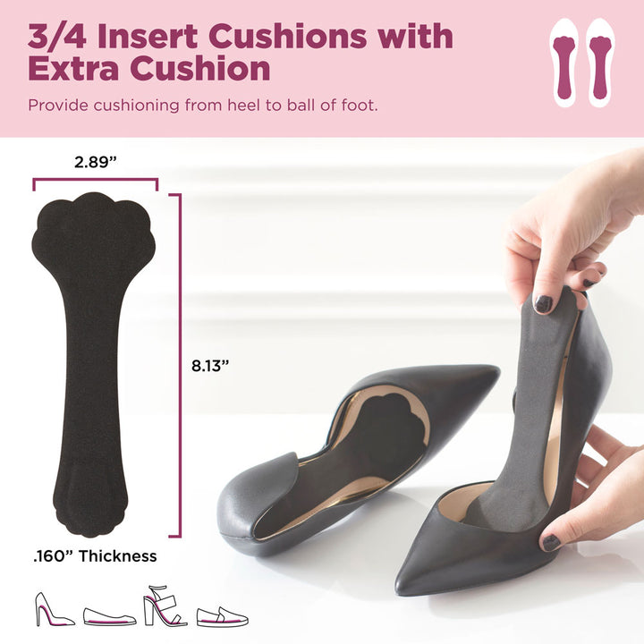 3/4 insert cushions with extra cushion provide cushioning from heel to ball of foot. Product image dimensions: 2.89" W, 8.13" L, .160" thick #color_black