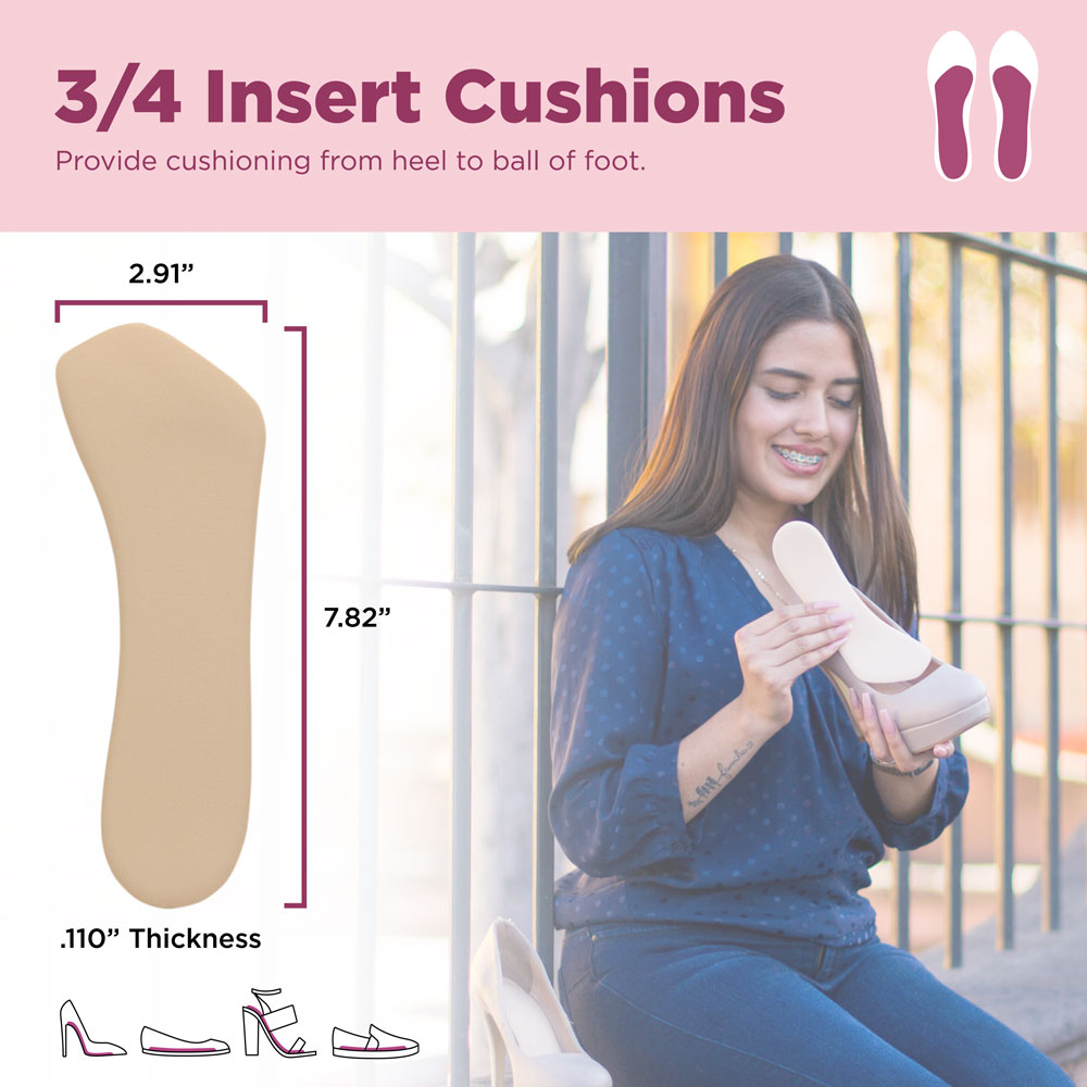 Foot Petals 3/4 insert cushions provide cushioning from heel to ball of foot. Image of product dimensions: 2.91