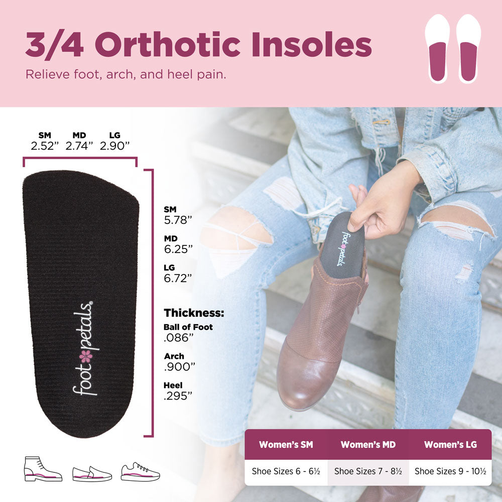 3/4 orthotic insoles relieve foot, arch, and heel pain. Image of product dimensions: Width – SM 2.52”, MD 2.74”, LG 2.90”; Length – SM 5.78”, MD 6.25”, LG 6.72”. Thickness: .086” at ball of foot, .900” at arch, .295” at heel.