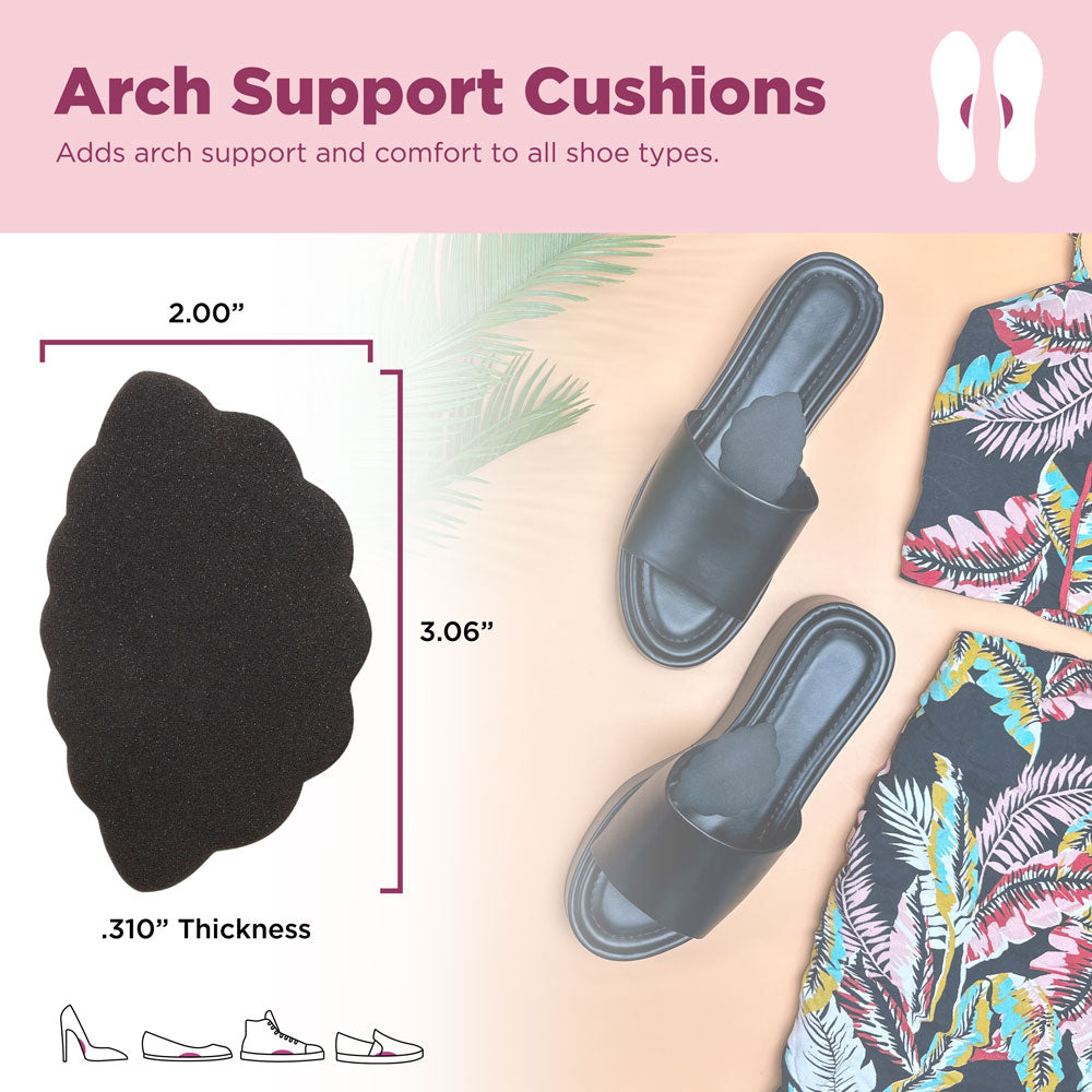 Arch support cushions add arch support and comfort to all shoe types. Image of product dimensions: 2.00" W, 3.06" L, .310" thick. #color_black