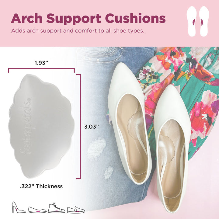 Arch support cushions add arch support and comfort to all shoe types. Image of product dimensions: 1.93" W, 3.03" L, .322" thick.