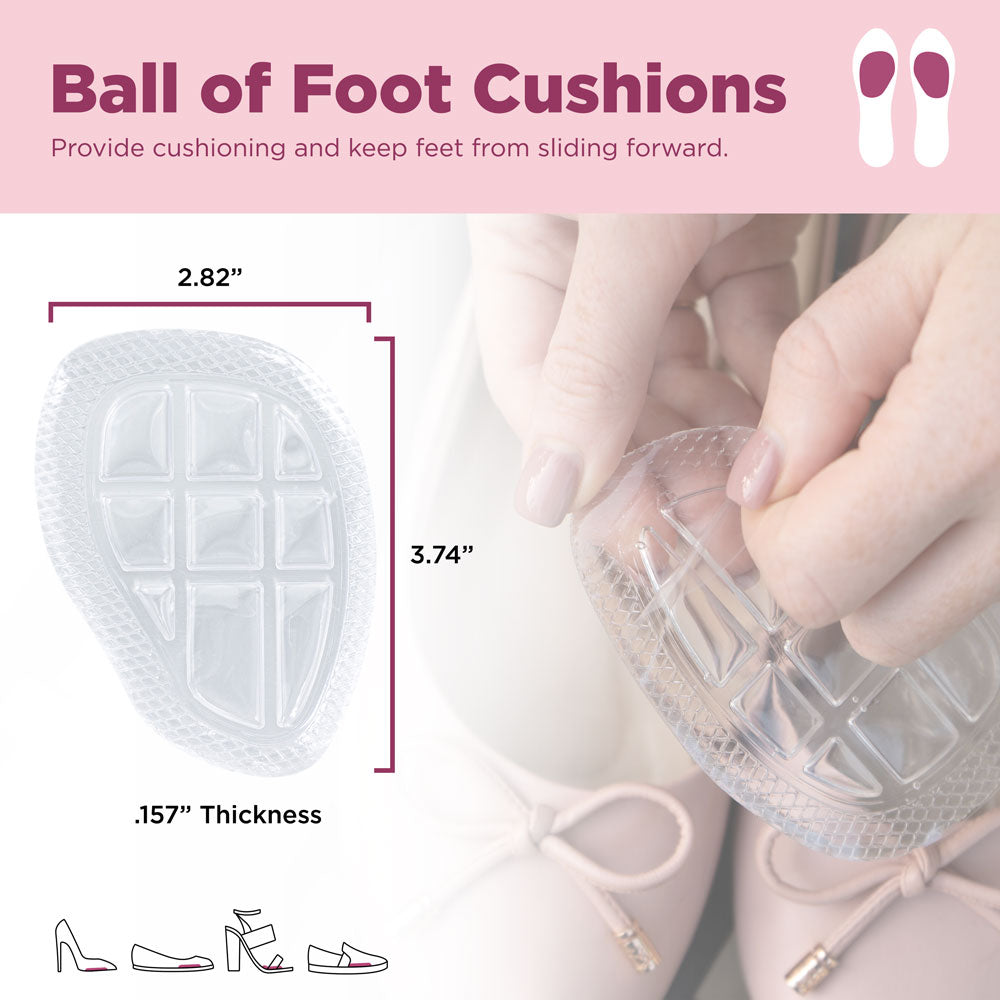 Air gel ball of foot cushions provide cushioning and keep feet from sliding forward. Image of product dimensions: 2.82