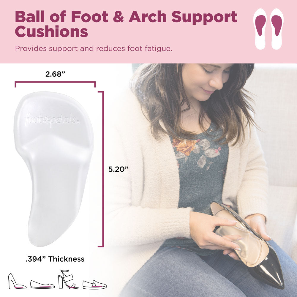 Ball of foot and arch support cushions provide support and reduce foot fatigue.  Image of product with dimensions: 2.68" W, 5.20" L, .394" thick