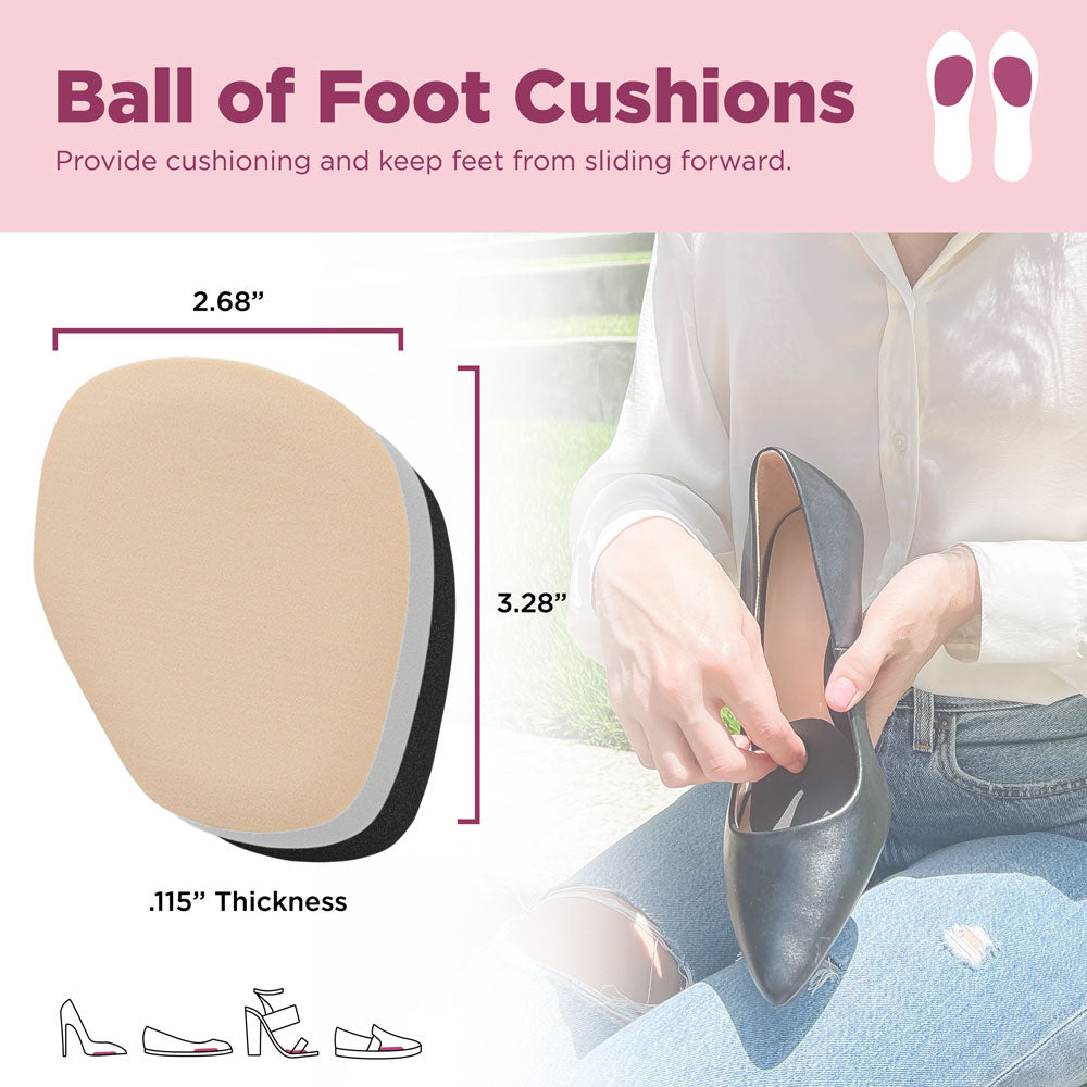 Ball of foot cushions provide cushioning and keep feet from sliding forward. Image of product dimensions: 2.68