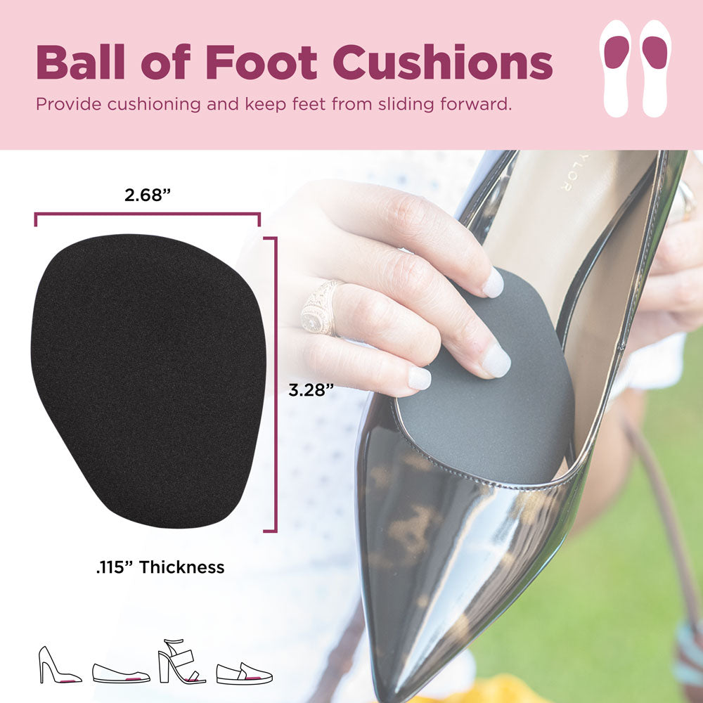 Ball of foot cushions provide cushioning and keep feet from sliding forward. Image of product dimensions: 2.68