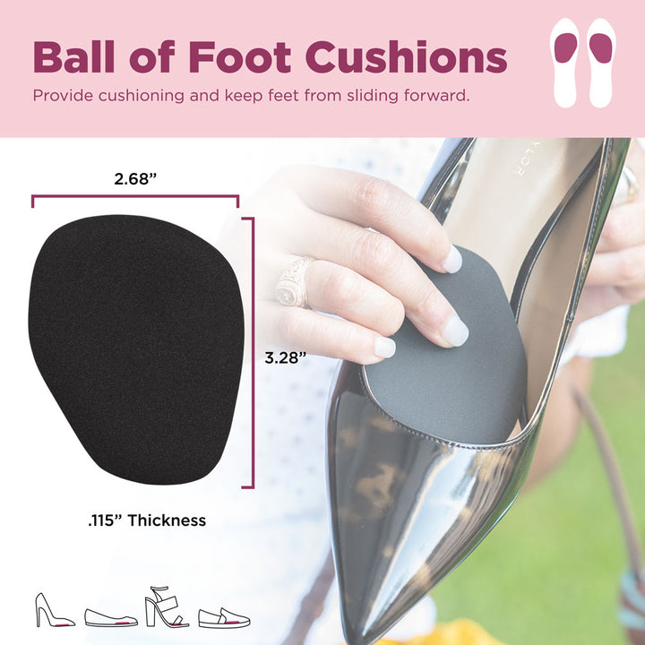 Ball of foot cushions provide cushioning and keep feet from sliding forward. Image of product dimensions: 2.68" W, 3.28" L, .115" thick #color_black-3-pairs