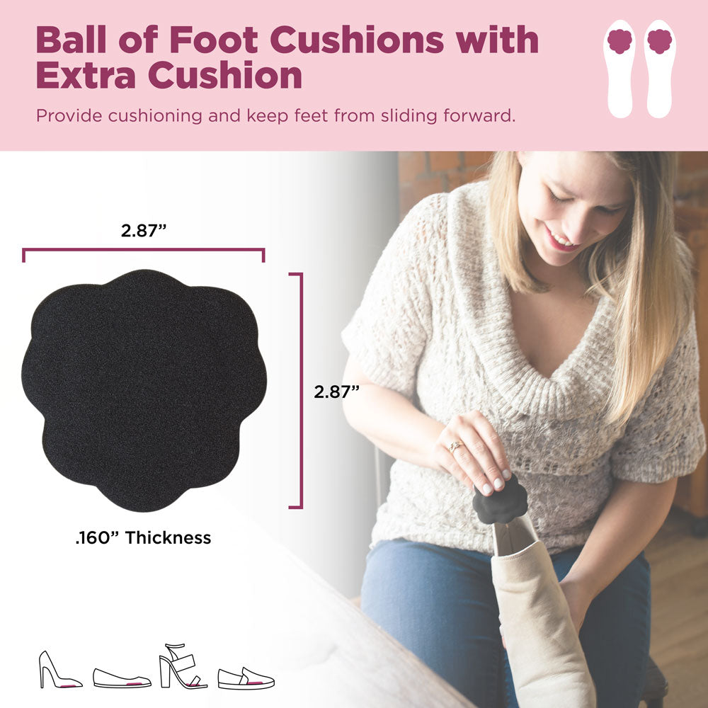 Ball of foot cushions with extra cushion provide cushioning and keep feet from sliding forward. Image with product dimensions: 2.87