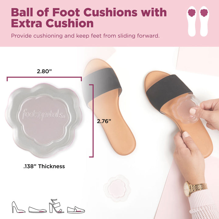 Ball of foot cushions with extra cushion provide cushioning and keep feet from sliding forward. Image with product dimensions: 2.80" W, 2.76" L, .138" thick  #options_clear-pink-2-pairs