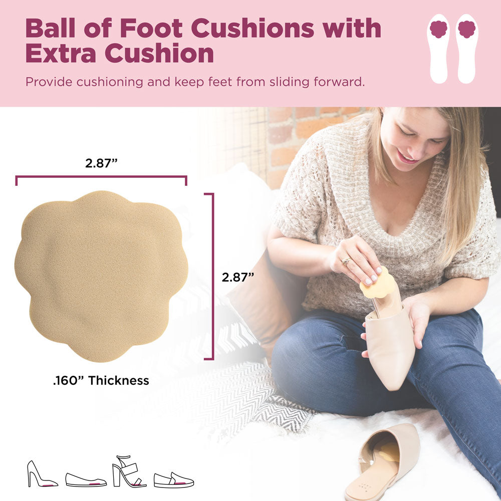 Ball of foot cushions with extra cushion provide cushioning and keep feet from sliding forward. Image with product dimensions: 2.87