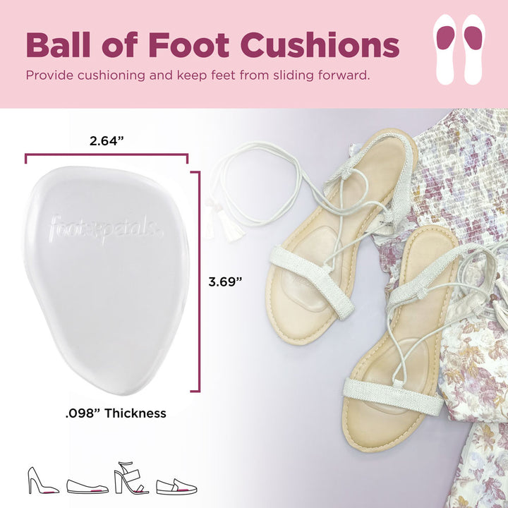 Ball of foot cushions provide cushioning and keep feet from sliding forward. Image of product with dimensions: 2.64" W, 3.69" L, .098" thick.  #options_clear-3-pairs