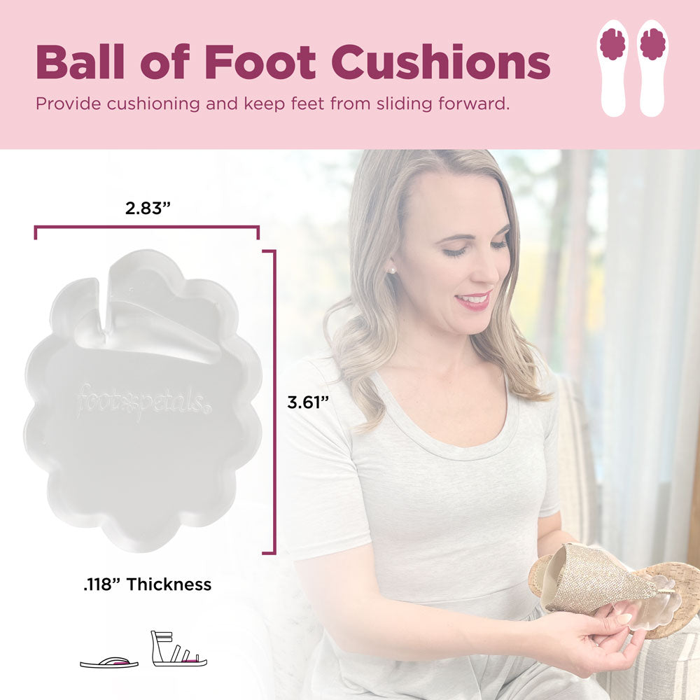 Ball of foot cushions provide cushioning and keep feet from sliding forward. Image of product dimensions: 2.83