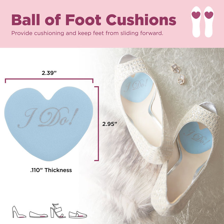 Ball of foot cushions provide cushioning and keep feet from sliding forward. Image with product dimensions: 2.39" W, 2.95" L, .110" thick #color_light-blue